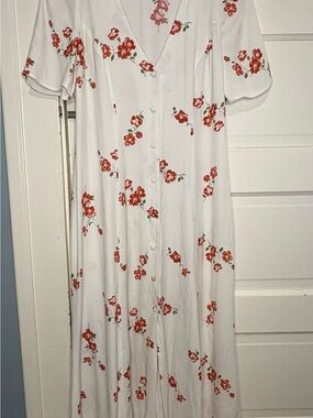 Reformation Cream Floral V-Neck Button Dress with Red Blooms